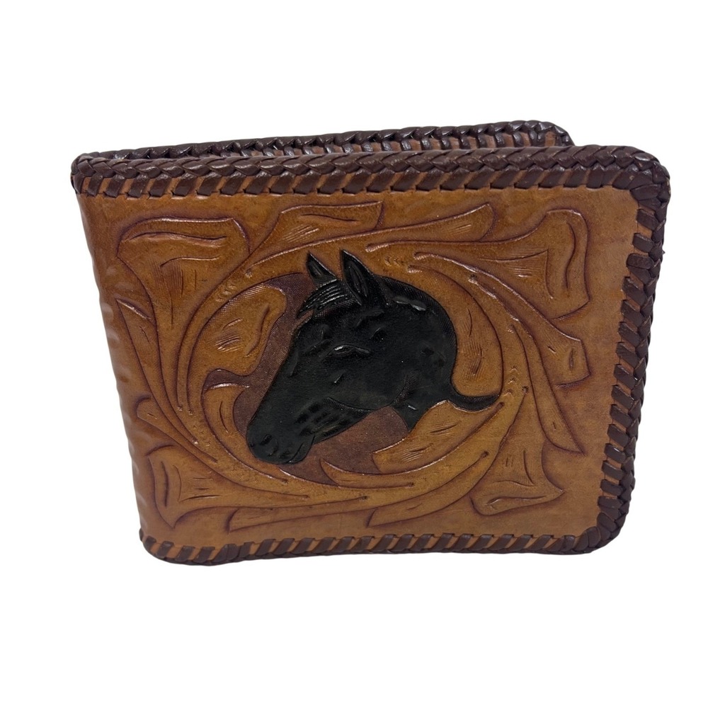 NWOT: VTG Hand Tooled Leather Bifold Wallet Horse Floral Embossed B Brown (E658)